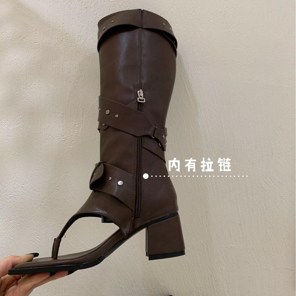 2025 Summer New Spice Girl Fried Street Toe Herringbone Cool Boots Women's Thick Heel Diagonal Long Boots Trouser Boots Western Boots