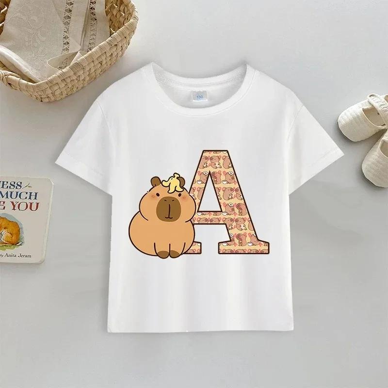 Capibala Letter Printed Childrens Short Sleeved Personalized Printed Half Sleeved Childrens Pure Cotton Short Sleeved Shirt 100