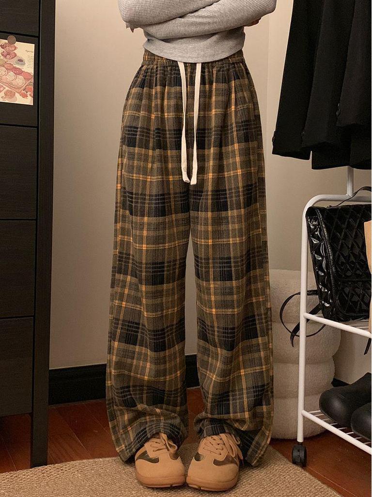 Women's Korean Style High Waist Plaid Wide Leg Pants - Retro, Loose, and Slimming for Spring & Autumn