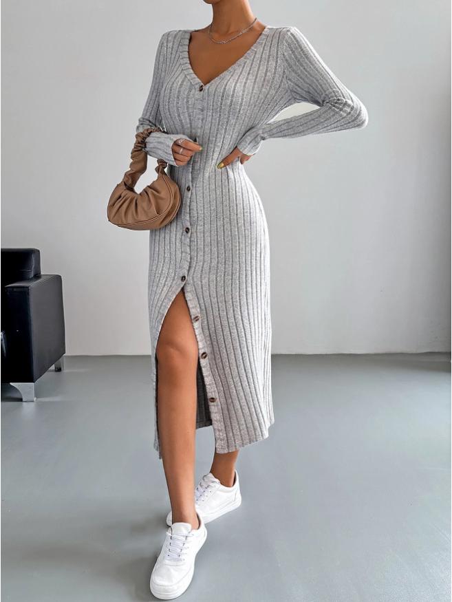2025 Fall/Winter Women’s Ribbed Brushed Button Long Sleeve Cardigan Dress