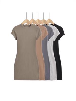 Women's Elastic Slim-Fit Round Neck Short Sleeve Dress - Hot Girl Style Hip-Hugging Skirt