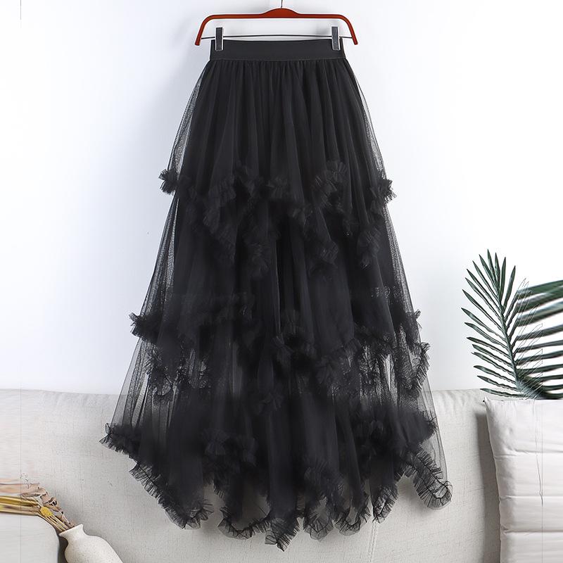 2026 Spring-Summer Women's High-Waisted Irregular Mesh Ruffle Layered Long Skirt