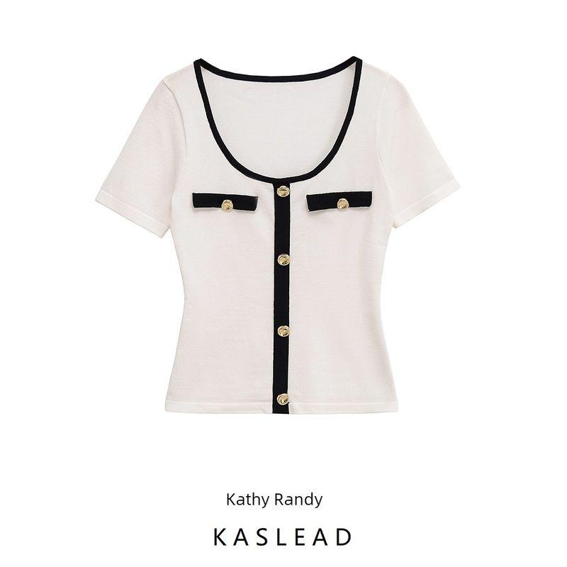 Kaslead New Women clothes Western Style Fashion Slim fit Contrast Color Decorative Layer round Neck Short sleeve T-shirt 5644136