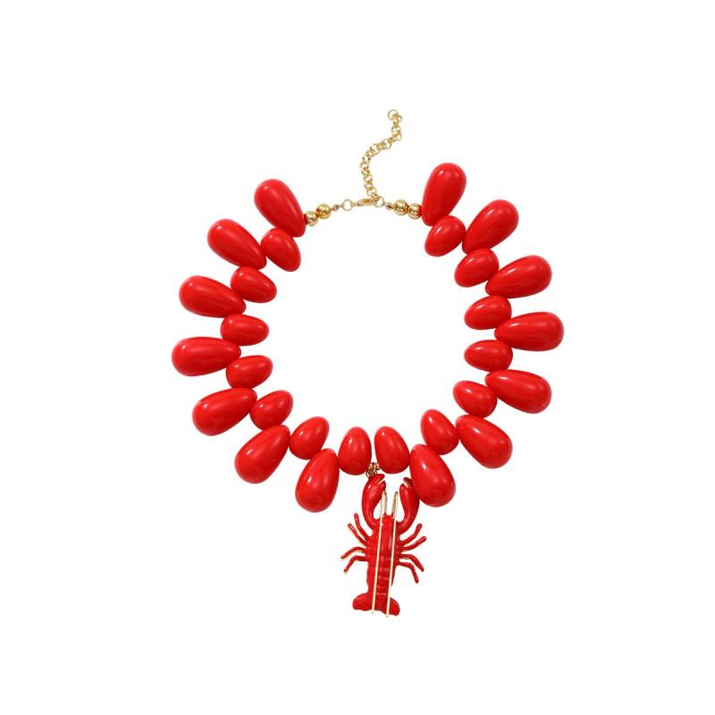 Handmade Red Lobster Bead Necklace Women Bold Beach Vacation Statement Chain With Alloy Pendant Red