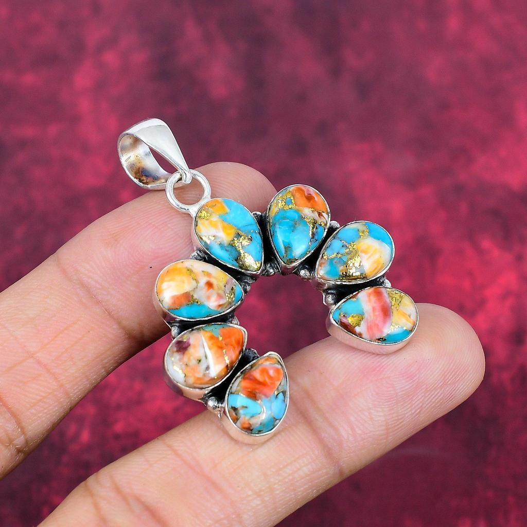 Anhänger mit Orangefarbener Stachelmuschel, 925 Sterlingsilber Edelsteinschmuck, Handgefertigter Anhänger Fantastischer Schmuck, Geschenk für Sie