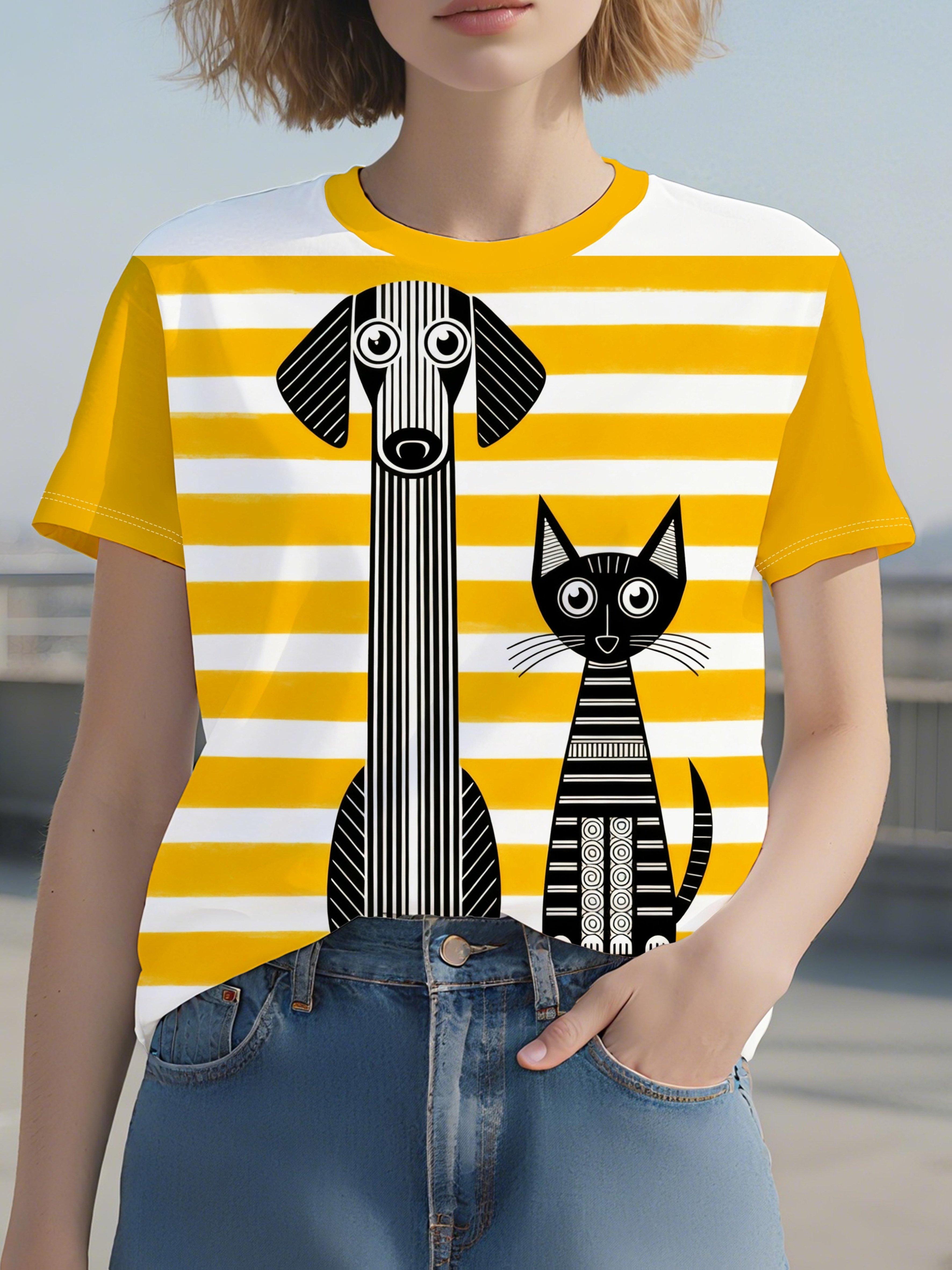 

1pc Round-neck Women s Short-sleeve Printed T-shirt. Fully Printed with Striped Geometric Patterns. Cartoon Cats. and Cartoon Dogs. Featuring a Unique XL