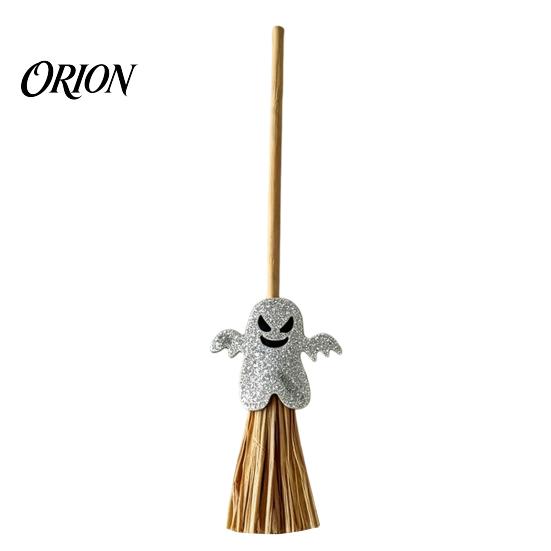 Natural Straw Broom Ornament Halloween Mini Broomstick Ornament, Witch Pumpkin Bat Ghost Decor with Grass Bright Wear-resistant Broom, Festive