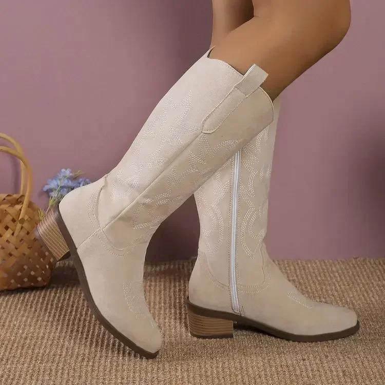Embroidered Mid Calf Cowboy Boots for Women 2025 Autumn Retro Chunky Heels Western Boots Woman Slip on Pointed Toe Cowgirl Shoes