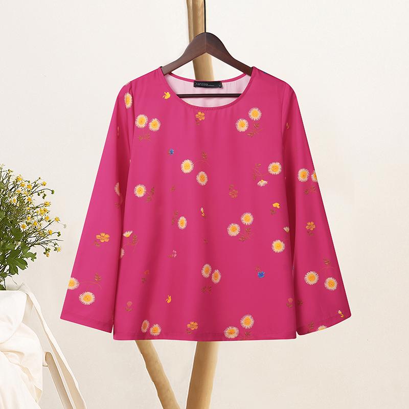 

ZANZEA Женская повседневная блузка с круглым вырезом, свободного кроя, с длинным рукавом, с цветочным принтом 5XL темно-розовый