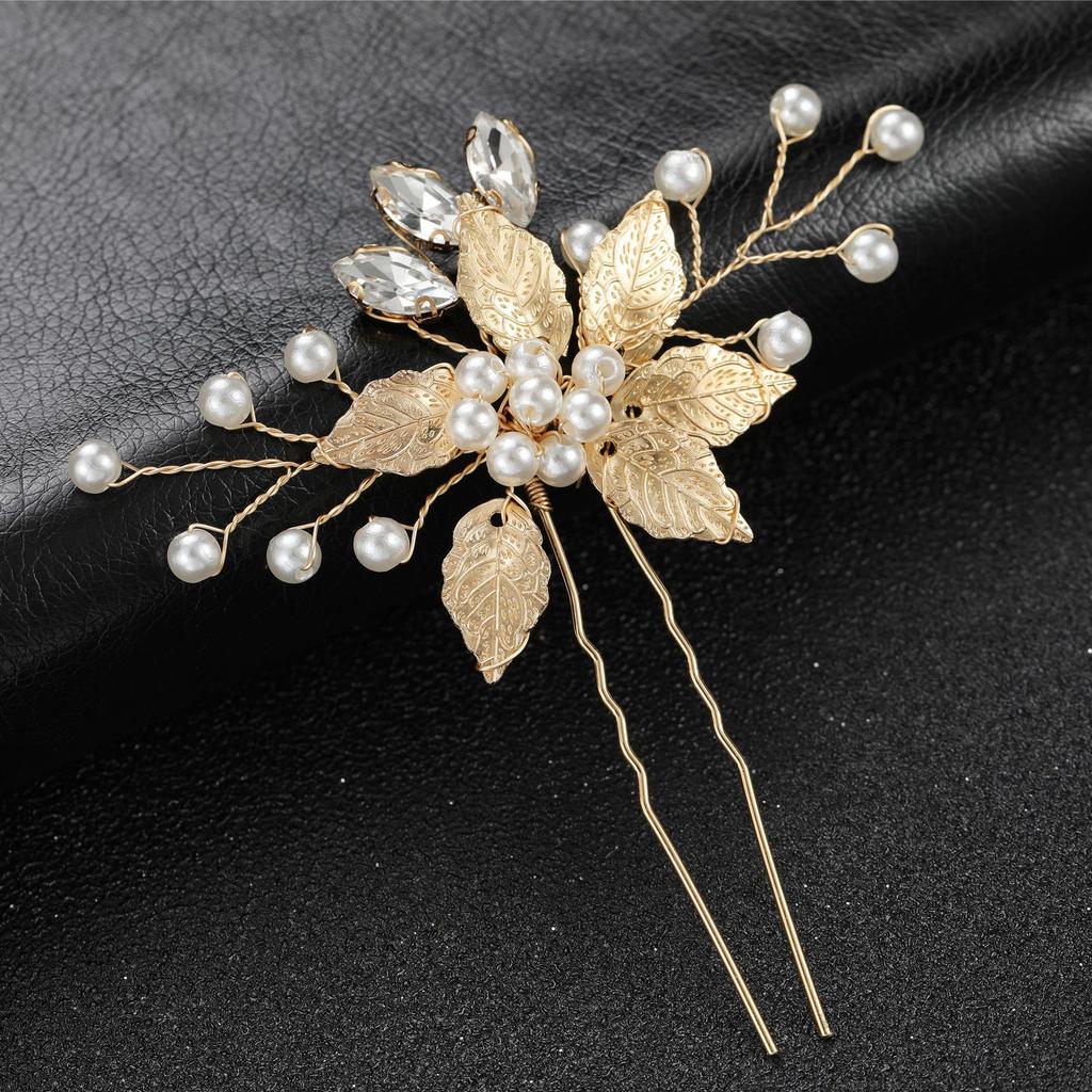 Golden Leaf Pearl U-Shaped Hair Clasp Pin Handmade Hairpin Headdress Bride Wedding Accessories Cross-Border