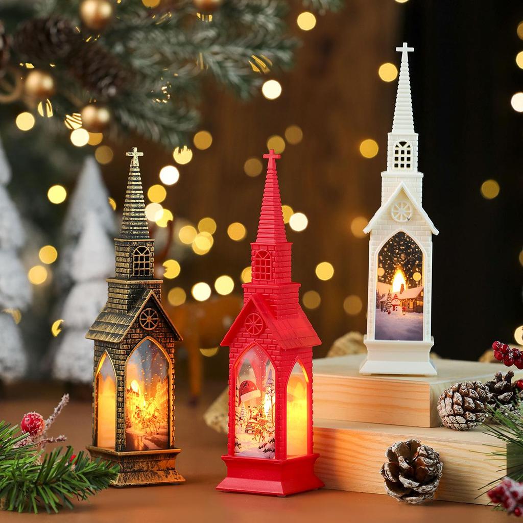 Cross-border Christmas Lantern: Church-Shaped Night Light with Electronic Candle
