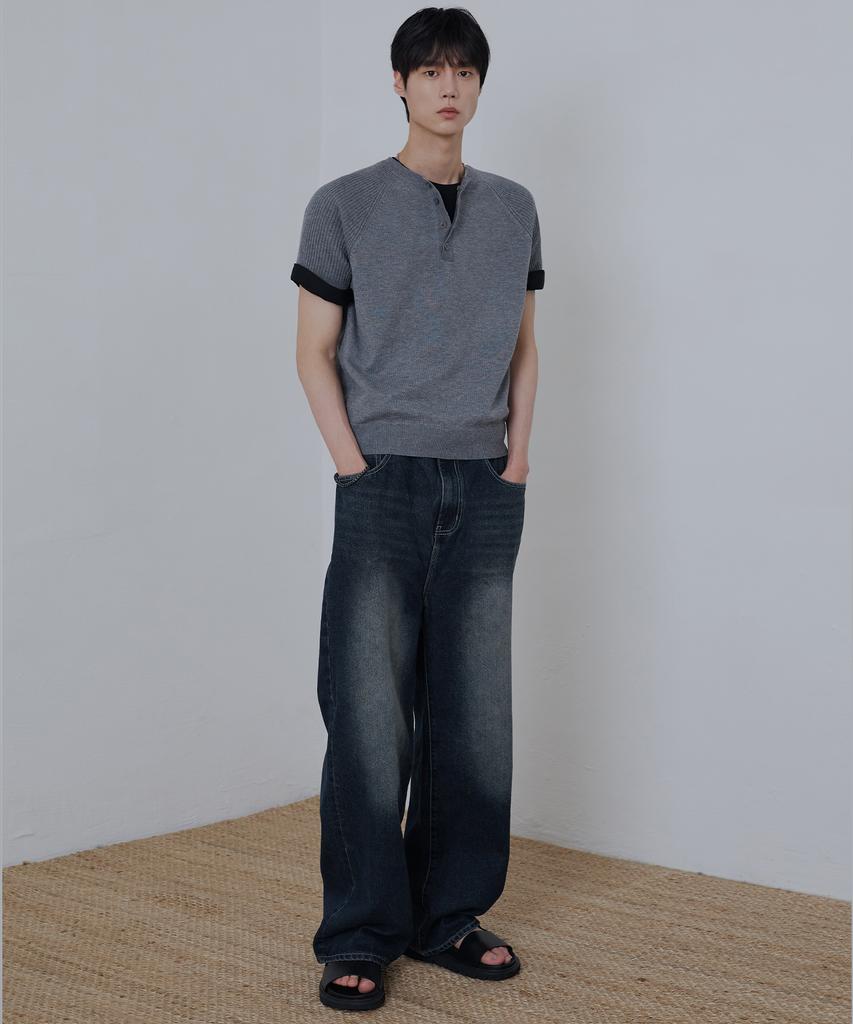 NODU Raglan Henley Neck Ribbed Crop Half Knit [Gray]