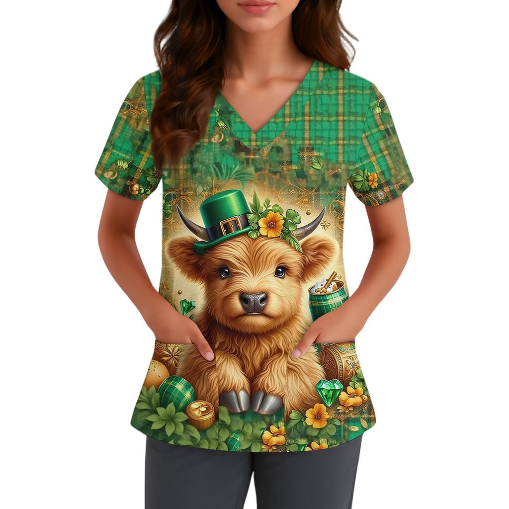 Women's Cute Bow Printed Work Clothes V-neck Double Layer Pockets Basic Short Sleeve Top Pullover