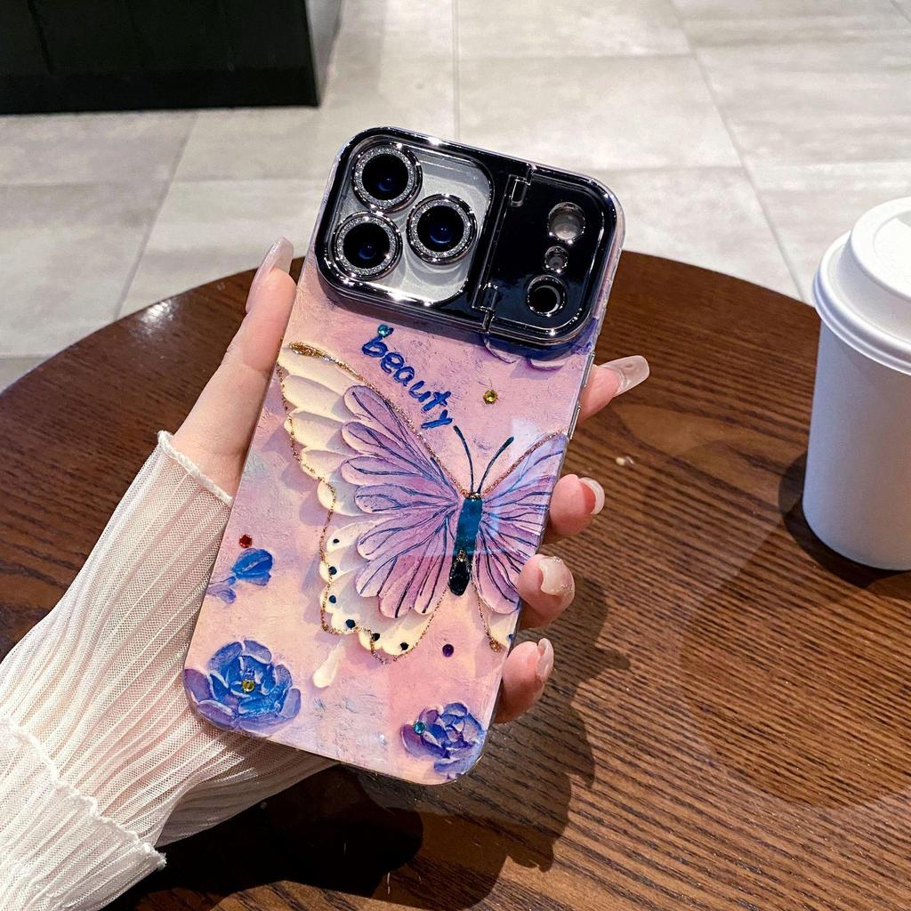 Blaues Blumen Schmetterling Ölmalerei Handyhülle mit Ständer für iPhone 17 Pro Max/16 Pro/15 Vollständige Abdeckung