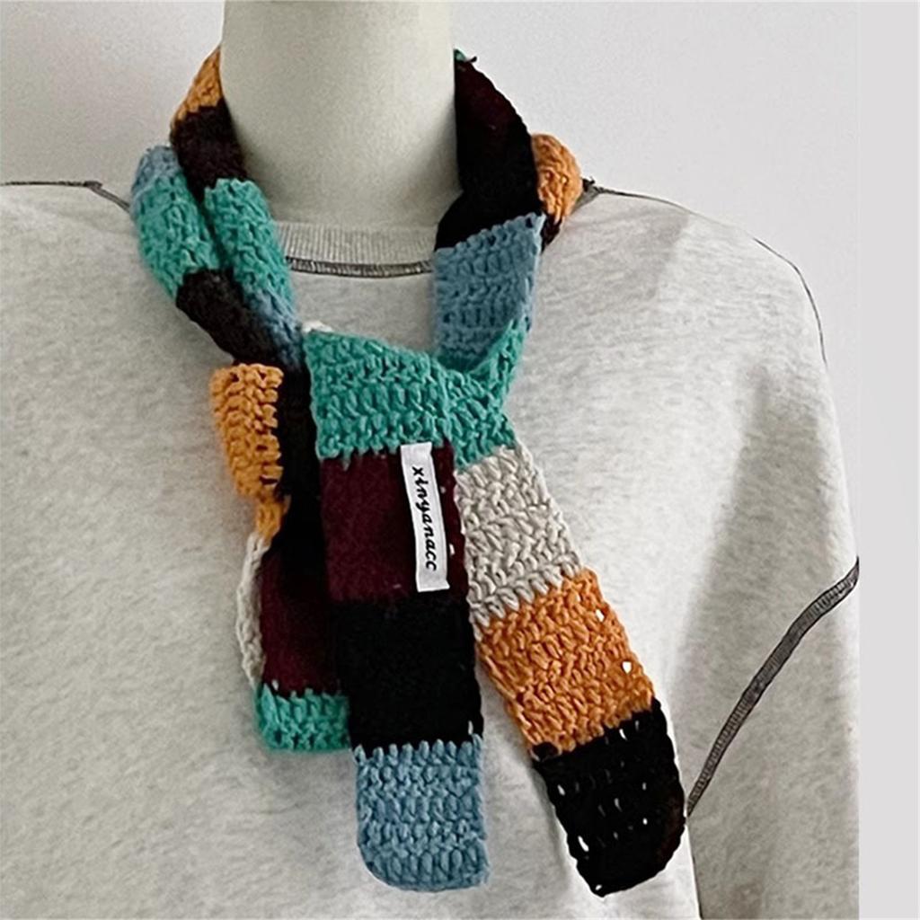 Women's Colorful Striped Scarf Knit Woolen Warm Color Contrast Long Narrow Scarves Sausage Thin Scarf Winter Neckerchief