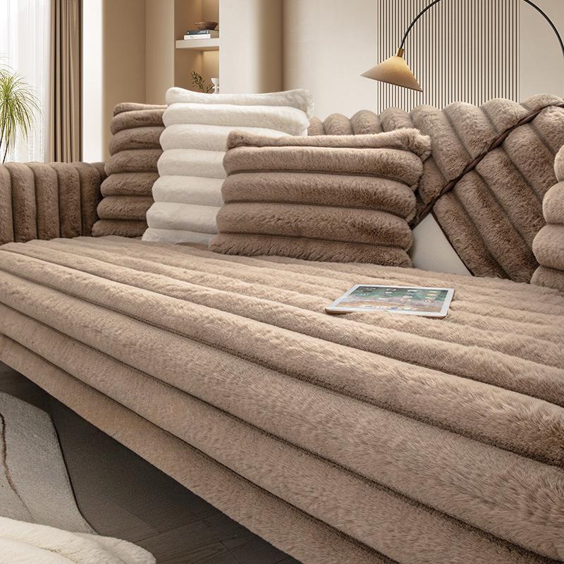 High-End Striped Winter Thickened Rabbit Plush Sofa Cushion Non-Slip New Solid Wood Cover Towel