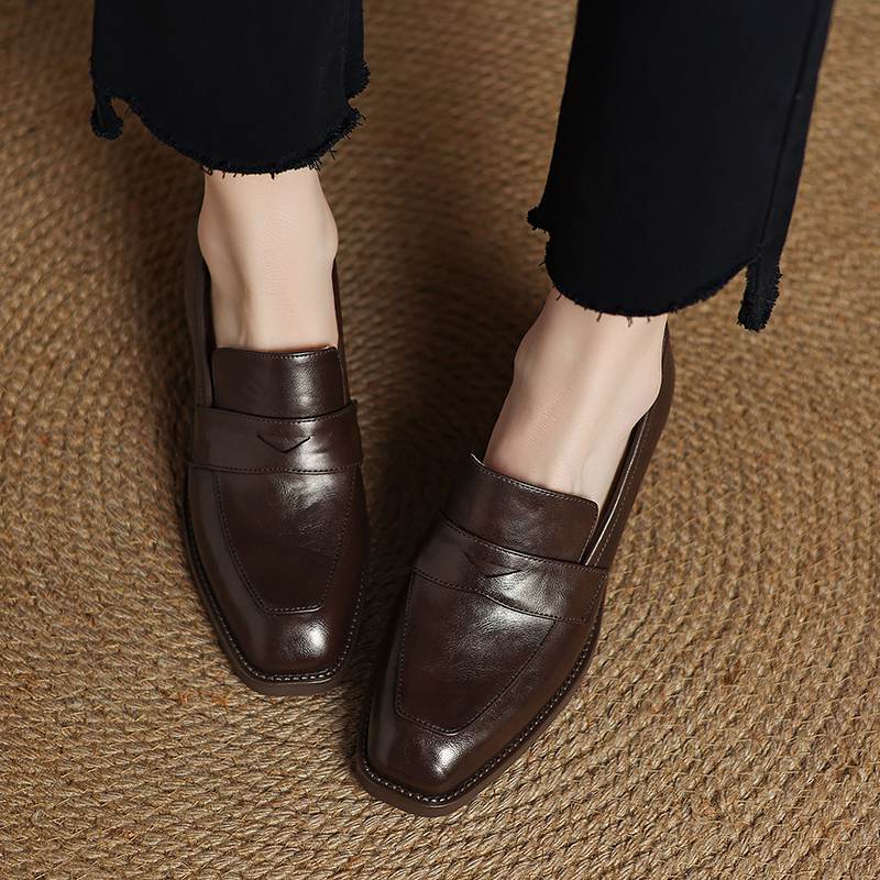 Krazing Pot Sheepskin Autumn Winter Shoes Slip on Med Heels Size 42 Square Toe Brown Color Pumps