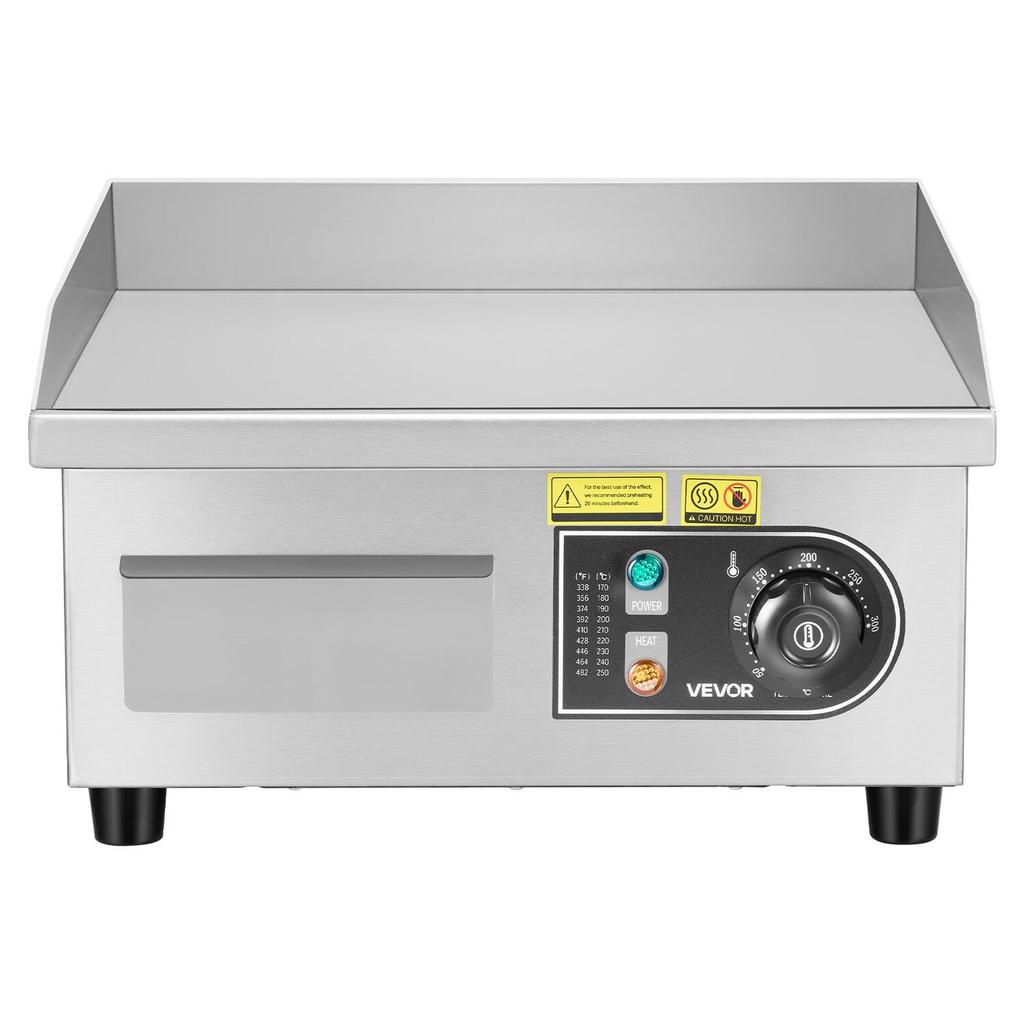 Commercial Electric Griddle, 355 x 300 mm, 2000W, 50-300°C Adjustable Temp Control, Stainless Steel Countertop Full Flat Top Grill with 2 Spatulas and