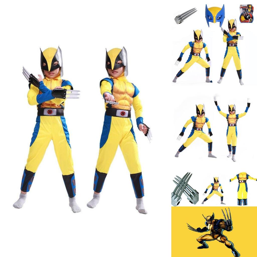 Exquisites blau-gelbes Wolverine-Muskelkostüm für Kinder und Erwachsene, ideal für Halloween-Partys