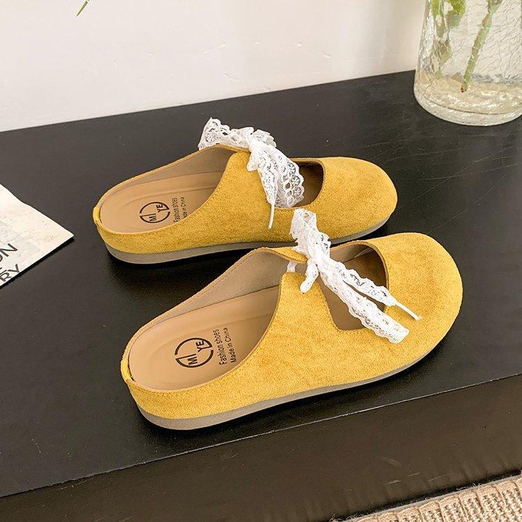 

French lace bow Birkenstock slippers women s outer wear 2025 summer new thick-soled inner heightening bag head half slippers 35