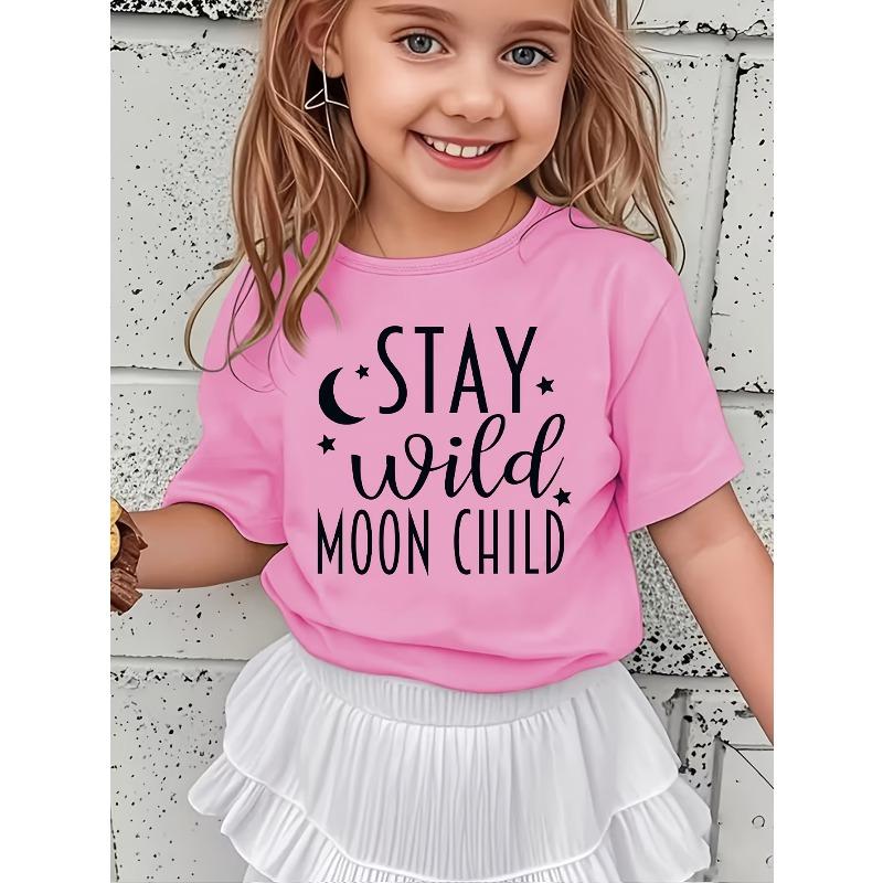 European Size Girls Round-neck Short-sleeved T-shirt with Unique English patternsWSL Girl STAY Wild MOON CHILD