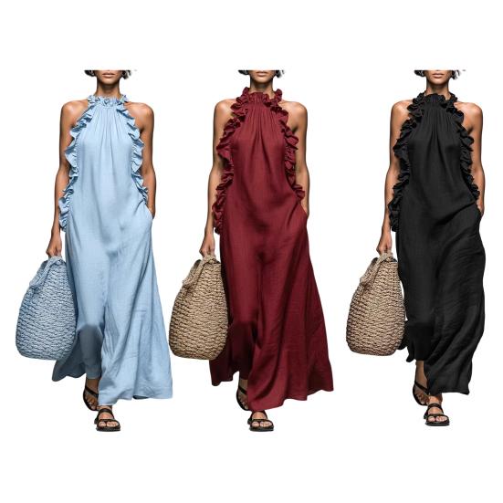 Summer Maxi Dress for Women Ruffle Halter Sleeveless Long A-Line Dress Casual Beach Vacation Flowy Sundress