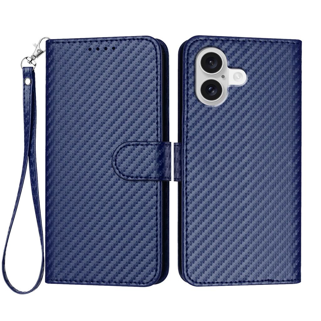 For iPhone 17 Wallet Case with Strap Carbon Fiber Texture Leather Mobile Cover