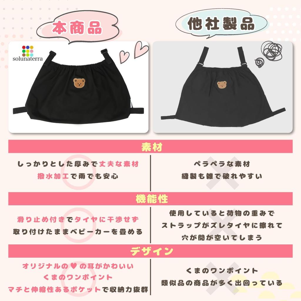 Solunaterra Stroller Under-Bag [Japan-Designed/Improved Model] Large Capacity Storage, Non-Slip, Water-Repellent, Bear Design