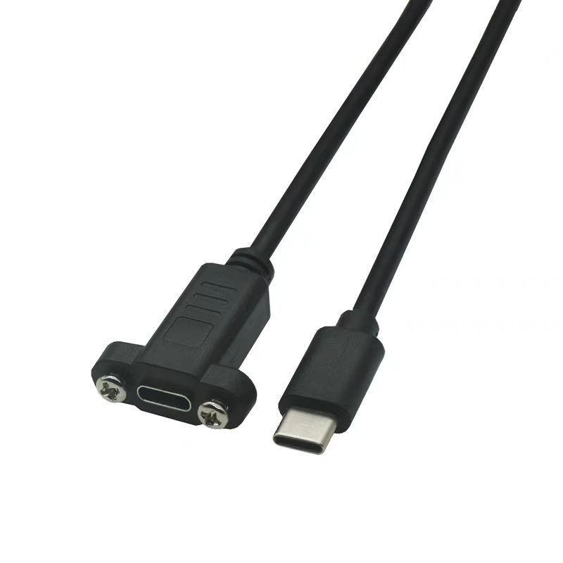 1Pcs Black Panel Mount Type-C USB-C Male To Female Extension Cable With Screw Hole Lock Connector Cable 0.3/0.5/1/1.5 Meters