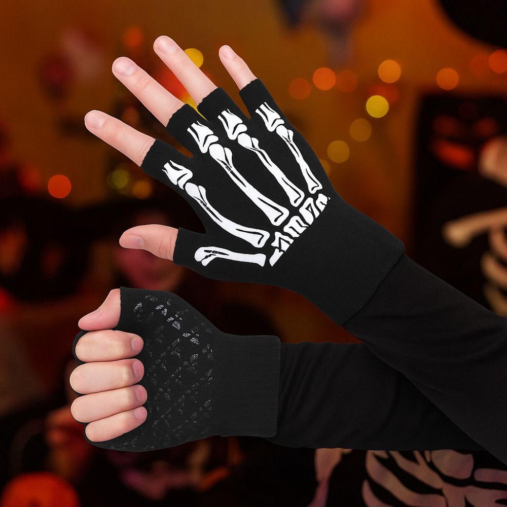 Stretch Halloween Skeleton Gloves Black Skull Half Finger Gloves  Winter Season