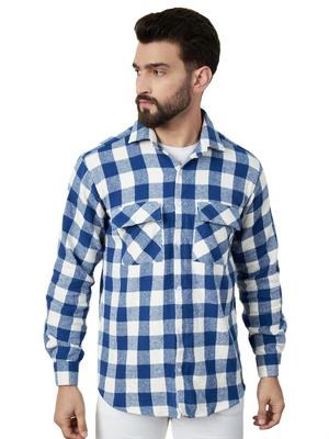 Men’s Blue Heavyweight Combed Cotton Flannel Shirt with Double Patch Pockets
