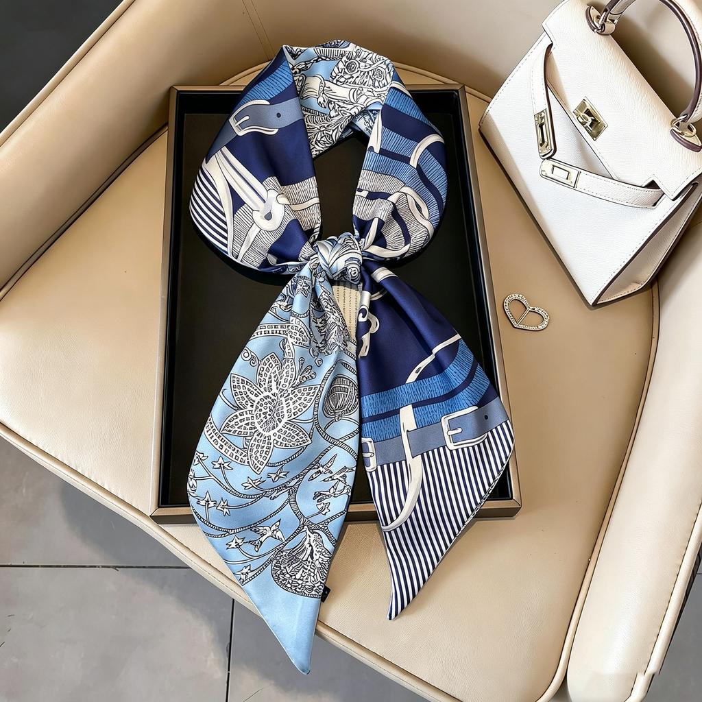 Small long thin bevel silk scarf Women's ethnic style belt Tie hair belt Tie bag ribbon tie yarn scarf Thin scarf