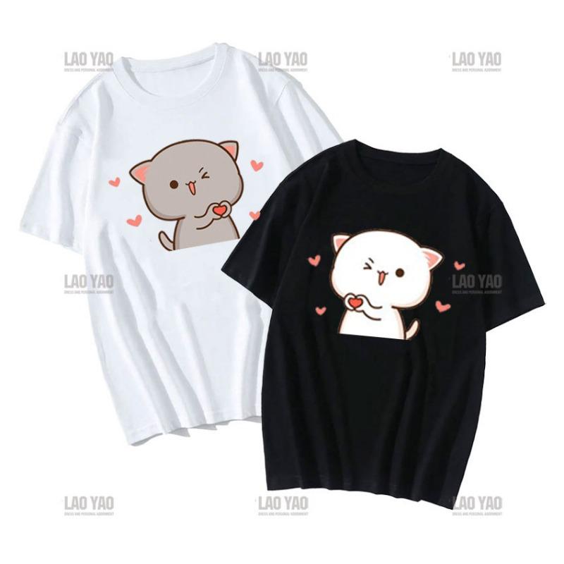 Lovely Peaches and Ash Ash T Shirt Szary Przyznaj się do błędu T-shirt Super słodki brzoskwiniowy kot kreskówka para nadruk T-shirt Unisex Unisex Topy Unisex