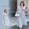 Plus Size Ruffle Square Neck Blue Striped French Summer Dress for Women (Slimming)