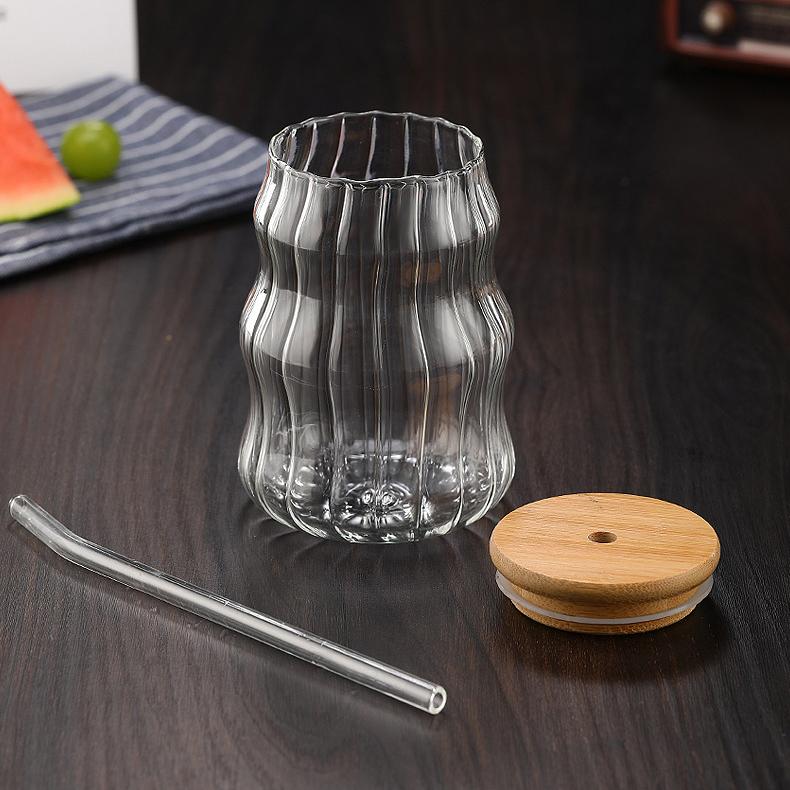 Glass Cup Straw Cup with Lid Striped Glasses Water Cup Coffee Cup Milk Cup