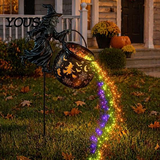 Osvětlená venkovní sezónní dekorace Halloweenský kotel čarodějnice Zahradní světlo, Kovový kůl na zahradu s LED řetězem Ozdoba na květináč Světla, Vodotěsná socha pro