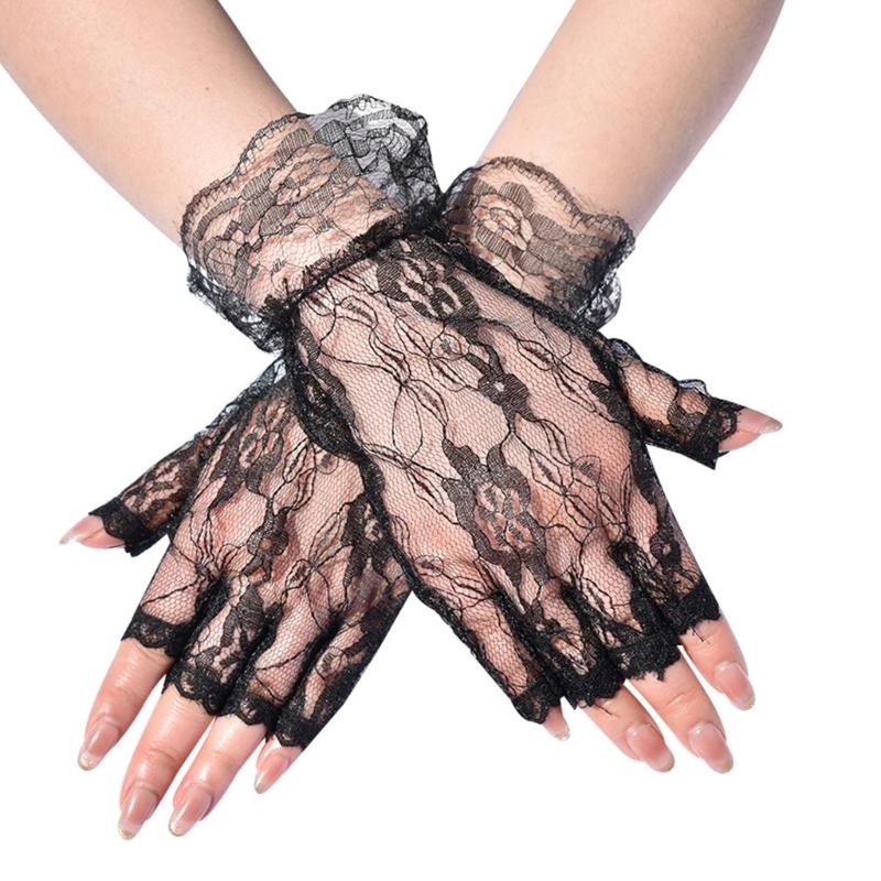 Breathable Half Finger Bridal Gloves with Lace Flower Pattern Wedding Ceremony Formal Occasion Handwear for Bride