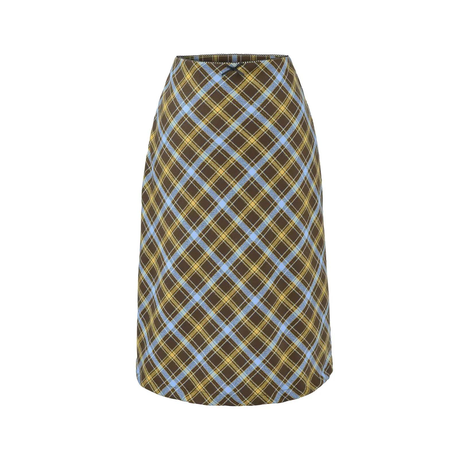 

Women s American Retro Plaid High Waist Skirt: Slimming, Hip-Hugging, Mid-Length for Spring & Autumn Large