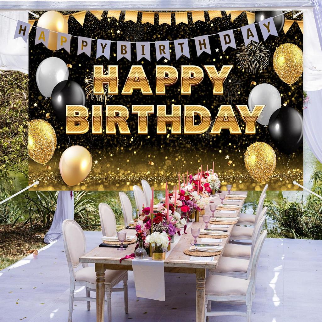 Black Gold Happy Birthday Backdrop Banner Glitter Black Gold Theme Photography Photo Prop Background Decor for Men Women Boys Girls Celebration