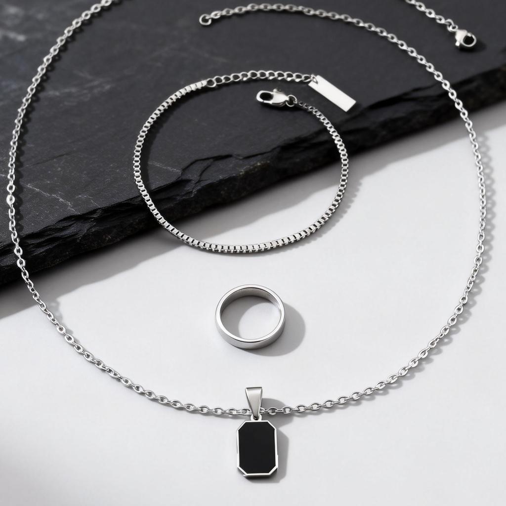 3 Stück/Set Wasserdichtes Trendiges Herren-Halsketten-Set, Quadratischer Anhänger aus Edelstahl mit Emaille, Geburtstags- Vatertagsgeschenk für Ihn