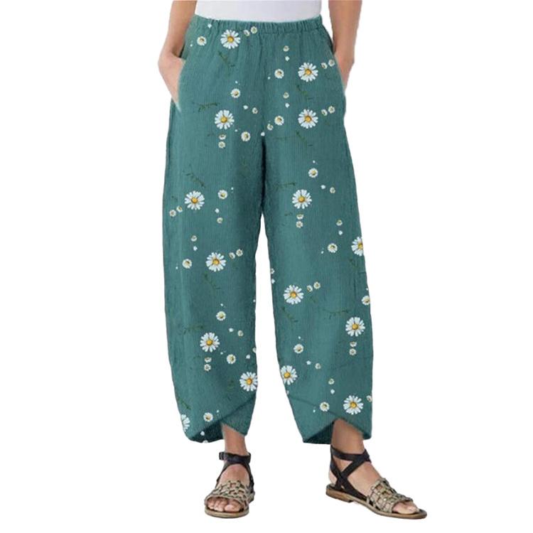 Womens Daisies Printed Baggy Pants Plus Size High Wide Legs High Waist