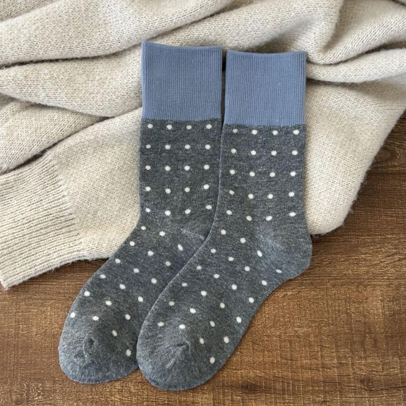 Mid-calf Socks for Women, Spring and Autumn Color-blocking Pile Socks, Retro Polka Dot School Style Cotton Socks for Women