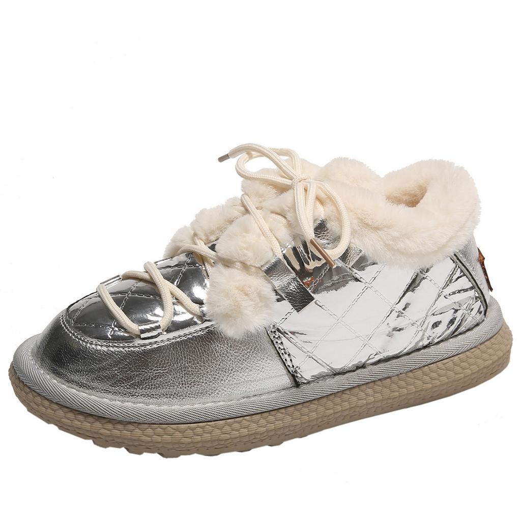 Snow Boots Women's Winter 2025 European and American Fashion Round Head Flat Bottom Velvet Outer Wear Short Top Fluffy Lace-up Cotton Shoes