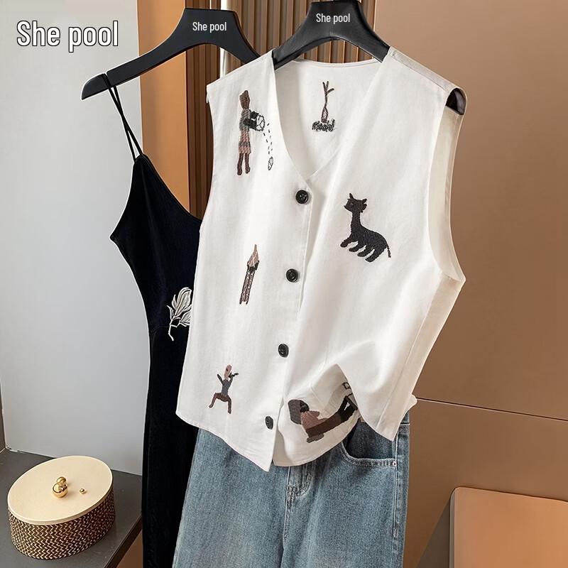 

Women s Cartoon Embroidered V-Neck Linen Vest XL
