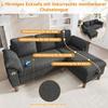 L-Shaped Corner Sofa, 3-Seater with Storage Chaise Longue, Left/Right Assembly, USB/Type-C Port, Pocket, Armrest Cushions, Chenille Fabric,Grey