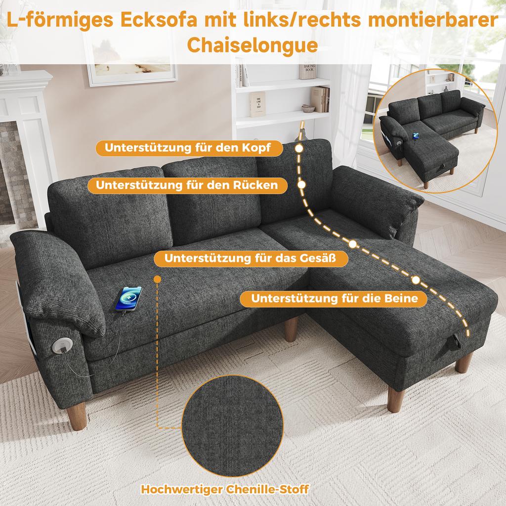L-Shaped Corner Sofa, 3-Seater with Storage Chaise Longue, Left/Right Assembly, USB/Type-C Port, Pocket, Armrest Cushions, Chenille Fabric,Grey