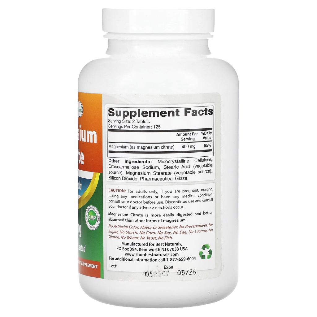 Best Naturals Magnesiumcitrat, 400 mg, 250 Tabletten (200 mg pro Tablette)