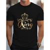 European Sizes Men's Black  T-Shirt with Golden King Crown Graphic - Comfort Fit Short Sleeve Round Neck, Durable Digital Print for Casual & Sporty