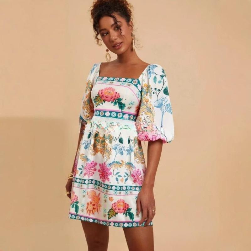 VEZFAA Women's Fashion Summer Spring Flower Pattern Print 1/2 Sleeves Square Collar High Waist Casual Dresses