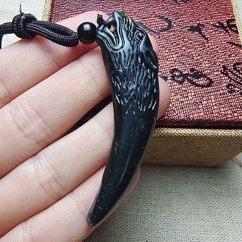 King of Medicine Stone: Men's Double-Sided Wolf Tooth Serpentine Jade Pendant Amulet In Dark Green